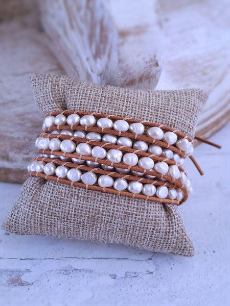 Pearl Wrap Bracelet - White Pearls - Summer Indigo 